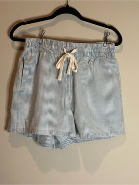 Striped Light Blue High-Waist Drawstring Shorts